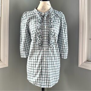 KMJ cotton Green and White Plaid Ruffle short sleeved poof sleeved Blouse EUC L